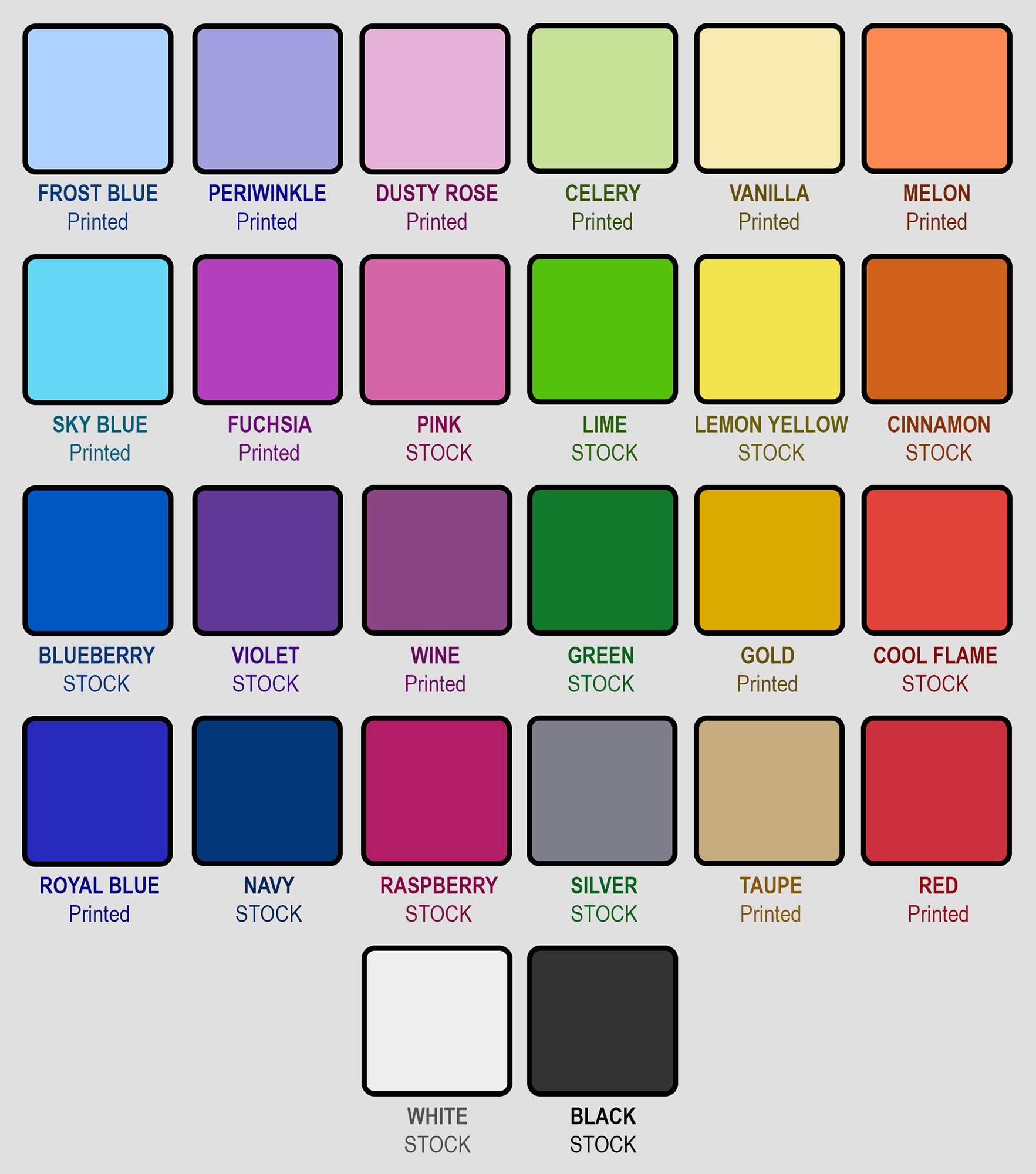 squares of color variants organized by color tone against black